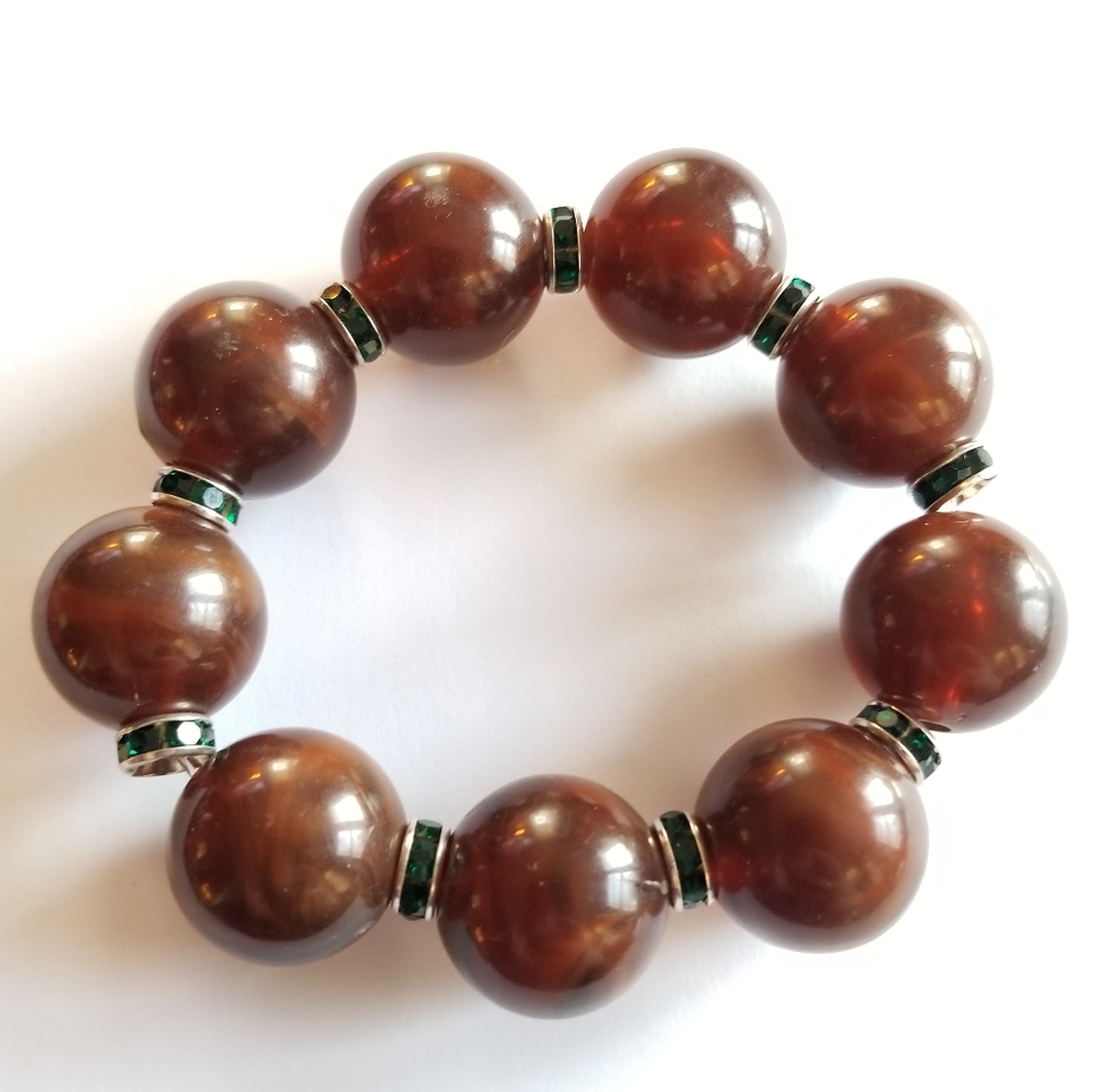 Handmade bracelet brown beads silver tone green rhinestones beaded vintage